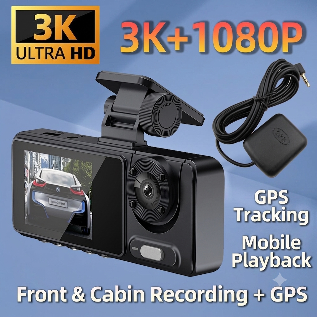 🔥Hot Selling✨Three-channel dashcam, 3K+1080P+1080P, 24/7 all-weather high-color WiFi 6, GPS tracking dashcam