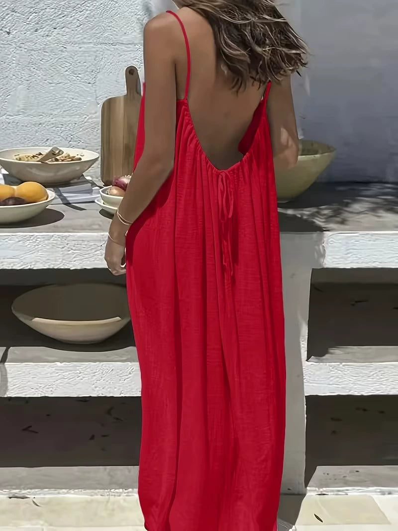 👗50%off👗Women Solid Ice Silk Ruched Backless Slip Dress, Pleated Sleeveless Nightgown Mini & Long Sleep Dress