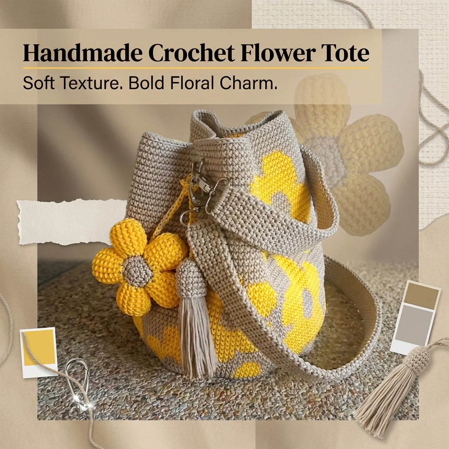 ✨50%off 🎁✨Spacious Knit Flower Bucket Bag - Handmade Crochet Tote with Reinforced Hardware, Comfort Wide Strap Purse for Coffee Runs & City Days