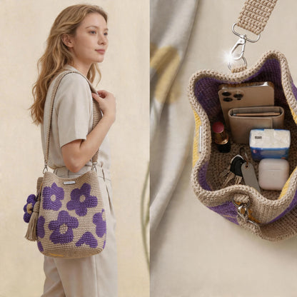 ✨50%off 🎁✨Spacious Knit Flower Bucket Bag - Handmade Crochet Tote with Reinforced Hardware, Comfort Wide Strap Purse for Coffee Runs & City Days