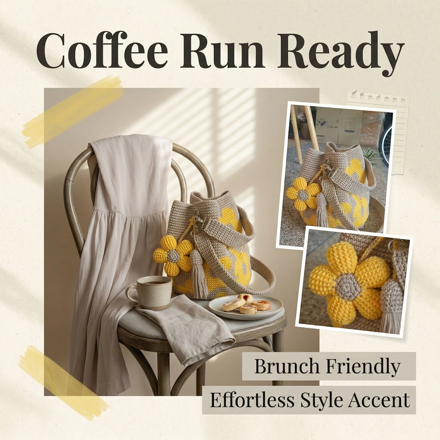 ✨50%off 🎁✨Spacious Knit Flower Bucket Bag - Handmade Crochet Tote with Reinforced Hardware, Comfort Wide Strap Purse for Coffee Runs & City Days