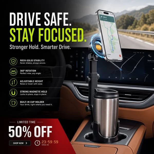 First 100 customers enjoy a 50% discount on car phone holders – 360° adjustable, suitable for all phones, available in magnetic and clip-on models.
