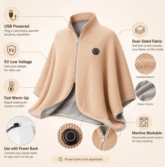 🔥Cozyhug🔥Portable Heated Shawl Soft Zipper Electric Heated Blanket Shawl