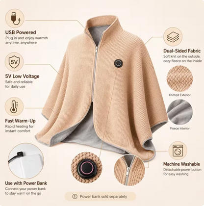 🔥Cozyhug🔥Portable Heated Shawl Soft Zipper Electric Heated Blanket Shawl