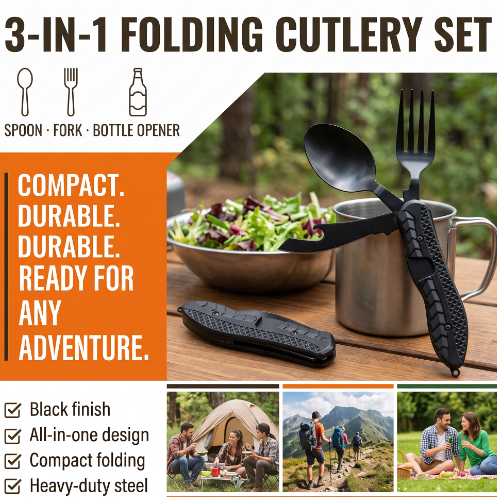 🍴Must-have for outdoor trips 🥄4-In-1 Outdoor Folding Multifunctional Tableware Stainless steel camping disassembled cutlery set