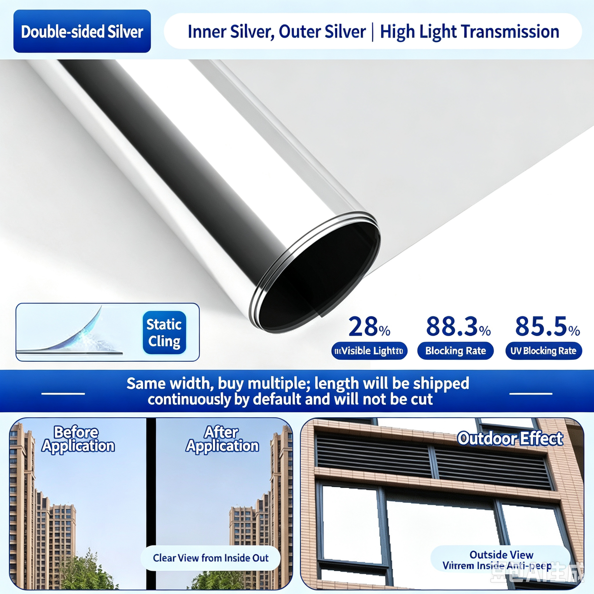 🔥Buy 1 Get 1 Free for the First 50 Customers🎁🔥Anti-Peeping One-Way Window Film, Sun Block Privacy Sticker🏠