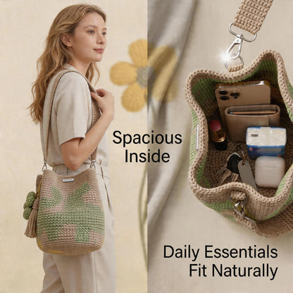 ✨50%off 🎁✨Spacious Knit Flower Bucket Bag - Handmade Crochet Tote with Reinforced Hardware, Comfort Wide Strap Purse for Coffee Runs & City Days