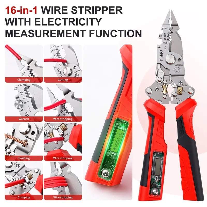 💥New products in 2026🔥16-in-1 Wire Stripping Pliers, Rechargeable Wire Strippers Tool with Voltage Tester&Alarms, Detectable 12-250V, Heavy-Duty Electrical Pliers&Wire Cutters