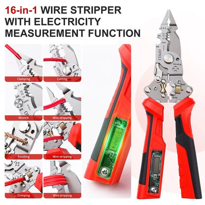 💥New products in 2026🔥16-in-1 Wire Stripping Pliers, Rechargeable Wire Strippers Tool with Voltage Tester&Alarms, Detectable 12-250V, Heavy-Duty Electrical Pliers&Wire Cutters