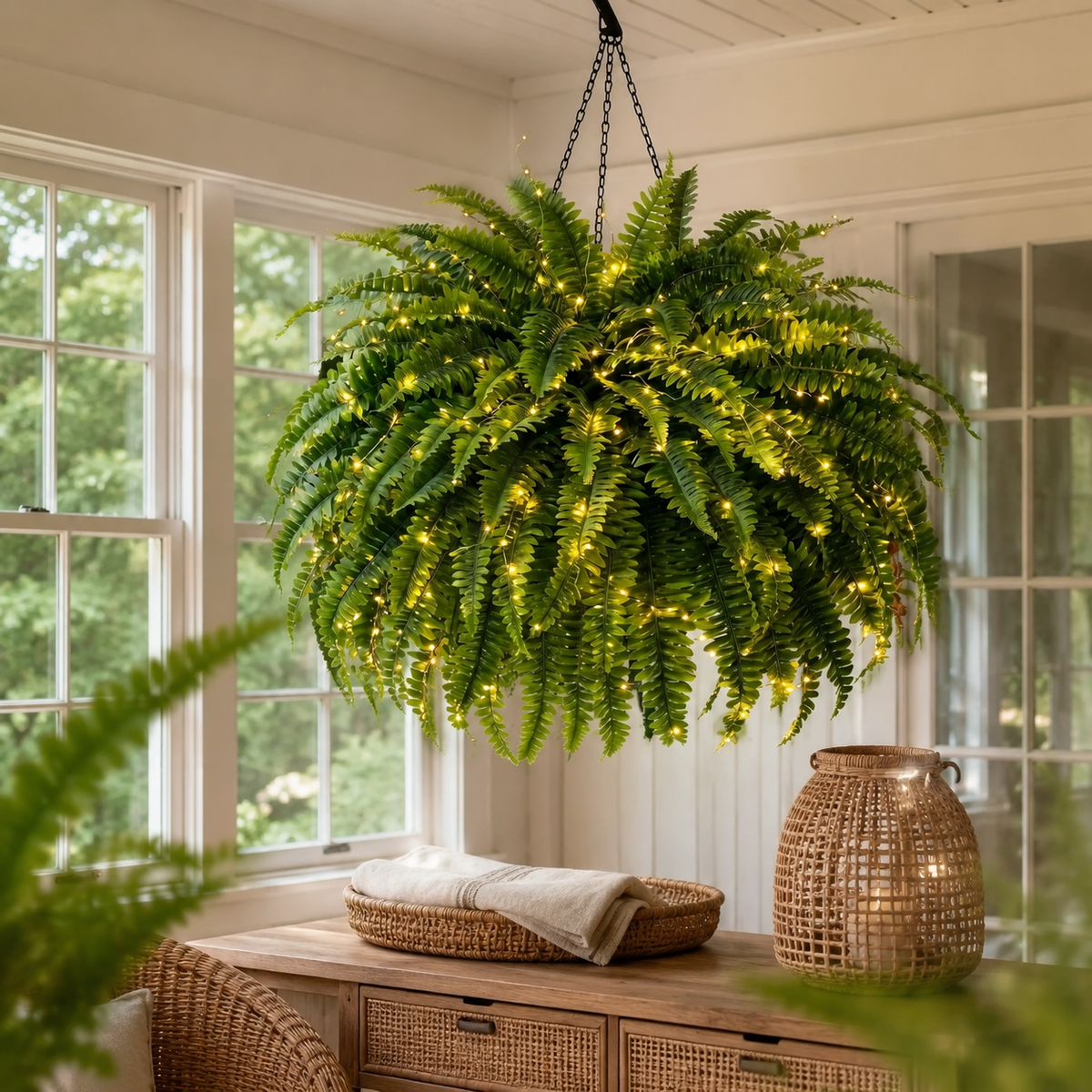 🌿✨ Glowing Boston Ferns with Lights – Zero Watering, Zero Maintenance