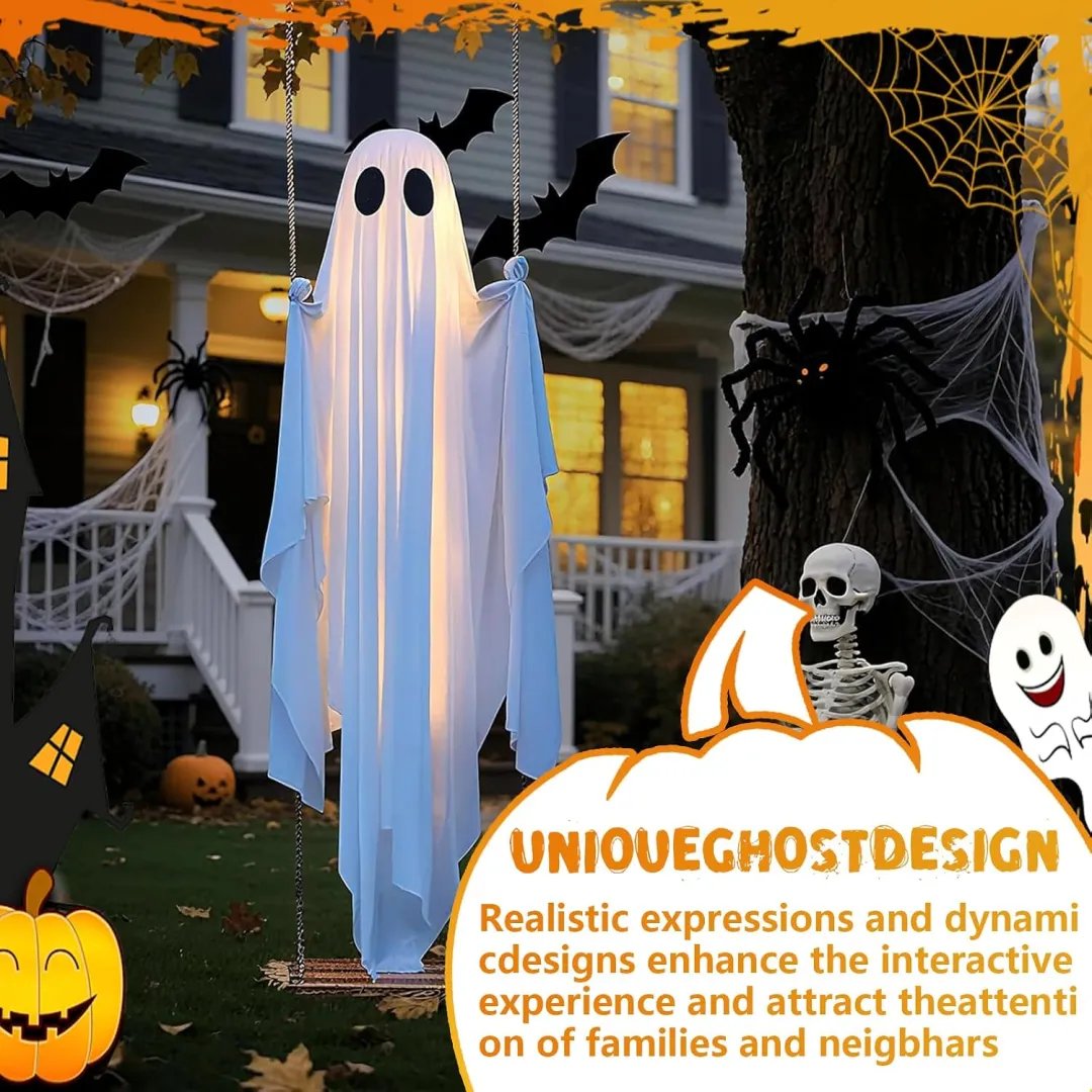 🎁HOT DEAL – Up to 50% OFF🔥Halloween Decorations OutdoorHanging Swing Ghost Halloween Decor with String Lights, Spooky Cute Ghosts Decorations for Front Porch Yard Tree