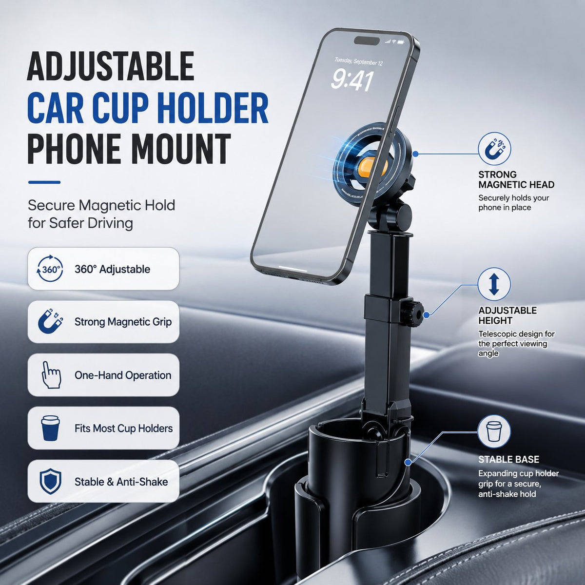 ❤️ 50% off for the first 50 customers! 🎉 Car Cup Holder Phone Mount — Supports 360° adjustment