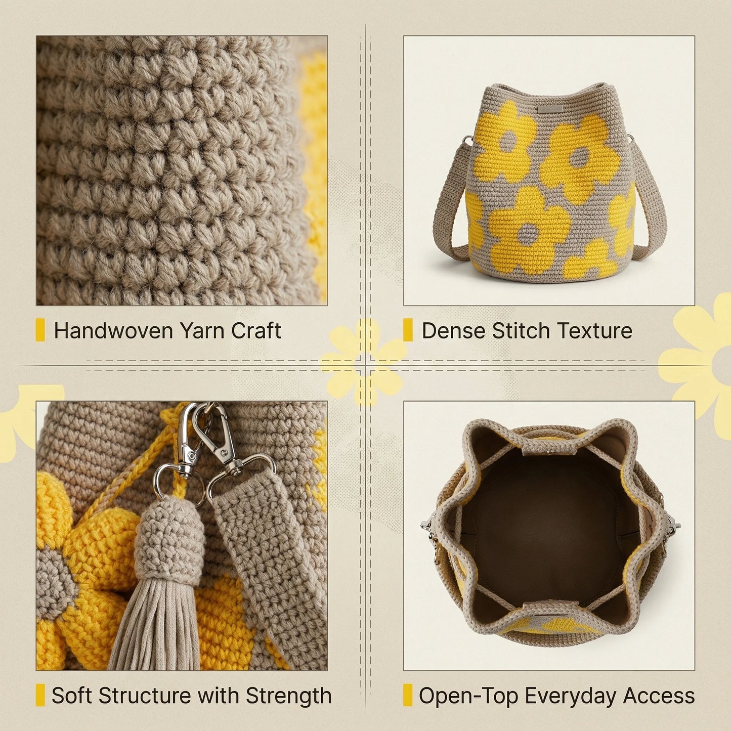 ✨50%off 🎁✨Spacious Knit Flower Bucket Bag - Handmade Crochet Tote with Reinforced Hardware, Comfort Wide Strap Purse for Coffee Runs & City Days