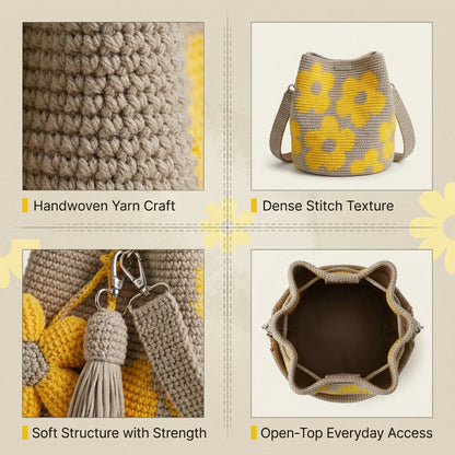 ✨50%off 🎁✨Spacious Knit Flower Bucket Bag - Handmade Crochet Tote with Reinforced Hardware, Comfort Wide Strap Purse for Coffee Runs & City Days
