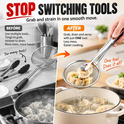🔥Free Fish Frying Clip🔥2-in-1 Stainless Steel Strainer Tongs
