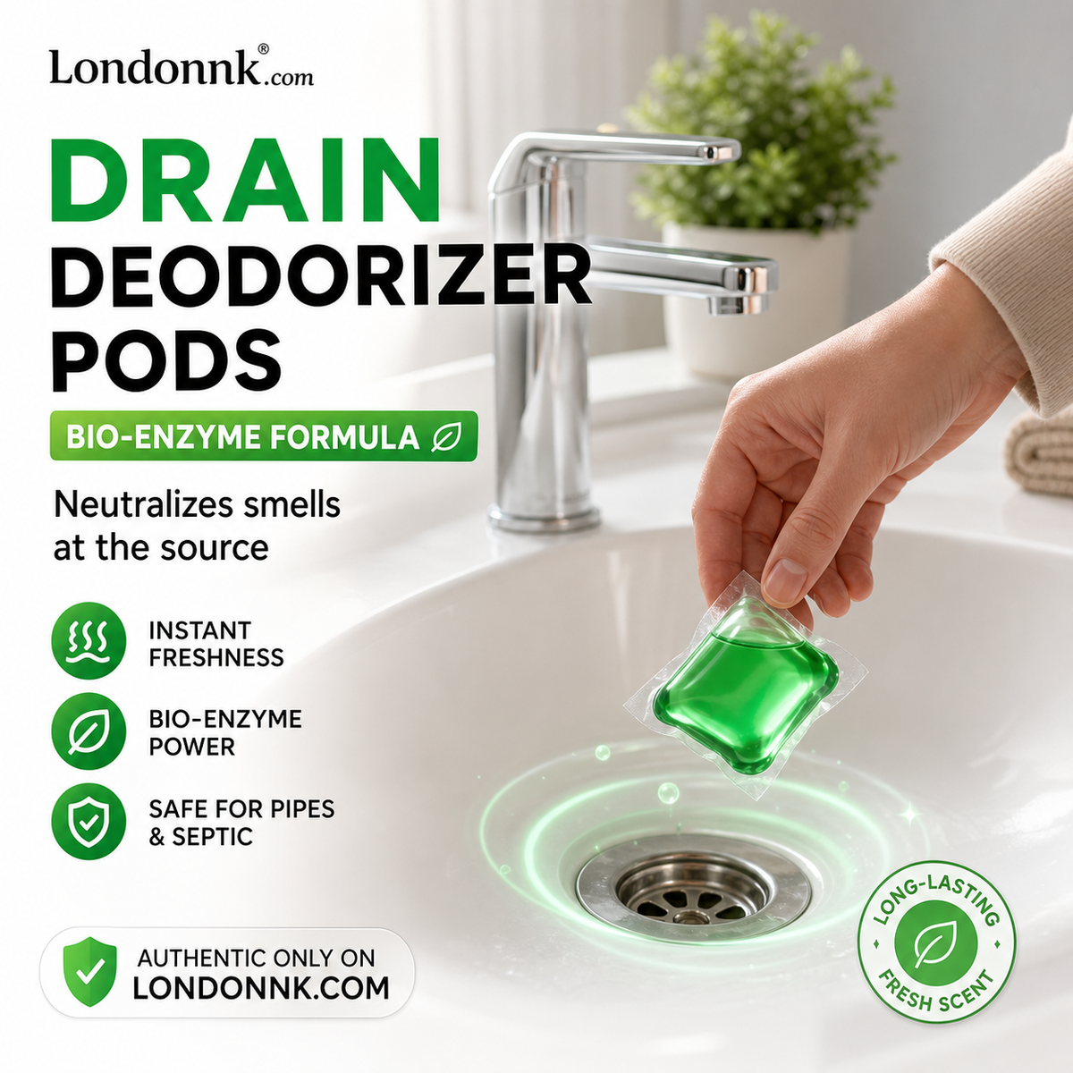 🥳2026 HOT SALE🥳💞50K+ SOLD!🏠💧 50% OFF! Drain Deodorizer Pods – Bio‑enzyme formula neutralizes smells at the source. Instant fresh scent, no harsh chemicals. Say goodbye to embarrassing odours. 🚰✅