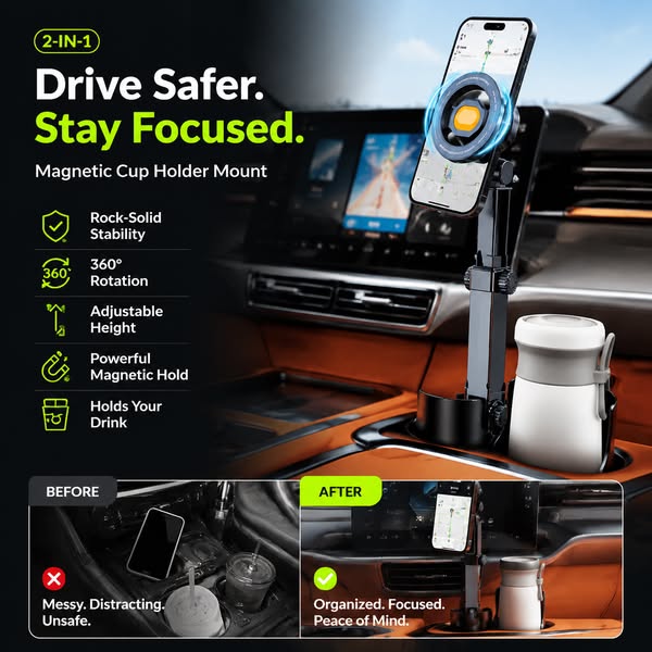 First 100 customers enjoy a 50% discount on car phone holders – 360° adjustable, suitable for all phones, available in magnetic and clip-on models.