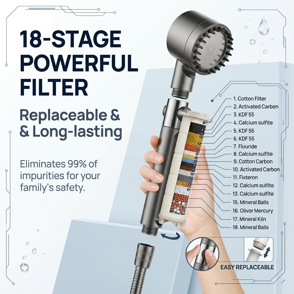🔥Limited-time 50% off✨Filter shower head（Includes 5 filter cartridges + bracket + 1.5-meter hose.）