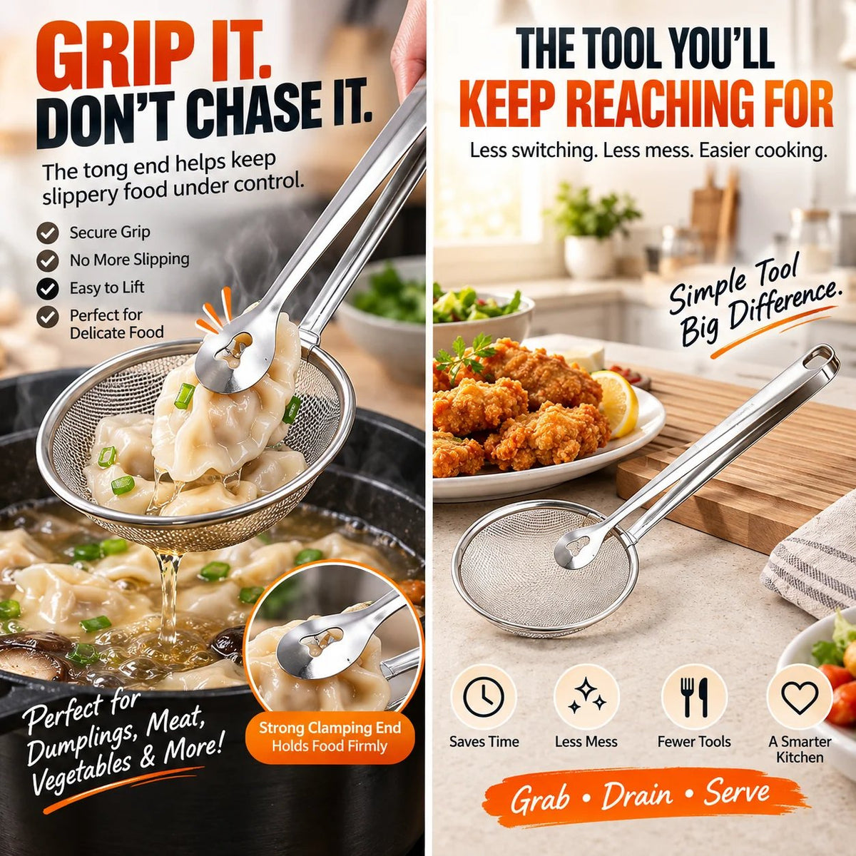 🔥Free Fish Frying Clip🔥2-in-1 Stainless Steel Strainer Tongs