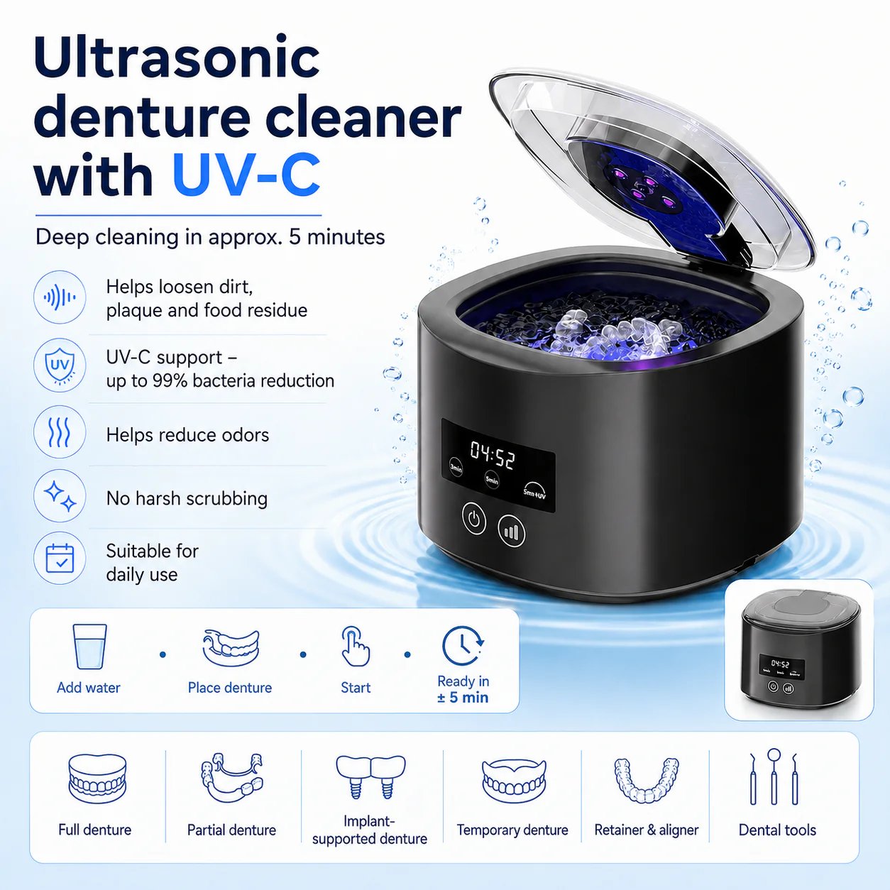🔥HOT SALE🔥🦷 Denture Dome Ultrasonic UV-C Cleaner