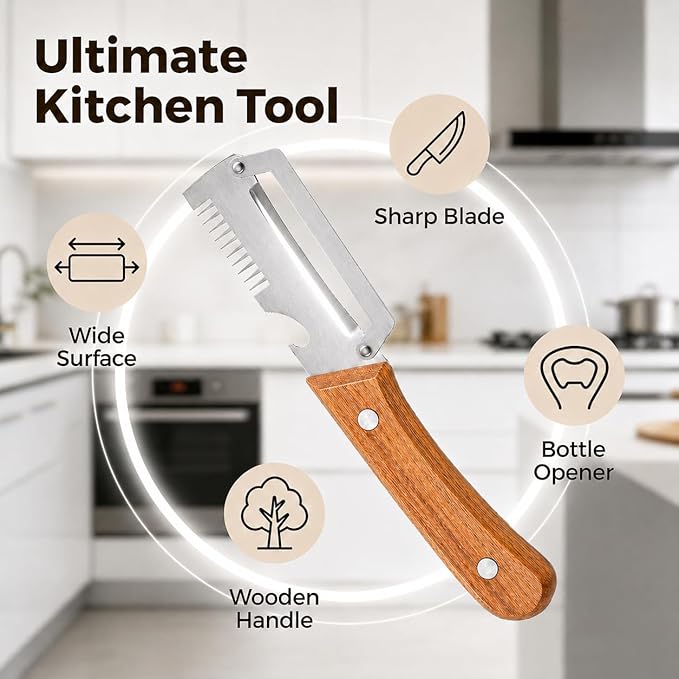 3-in-1 Multifunctional Peeler Knife with Bottle Opener & Wooden Handle
