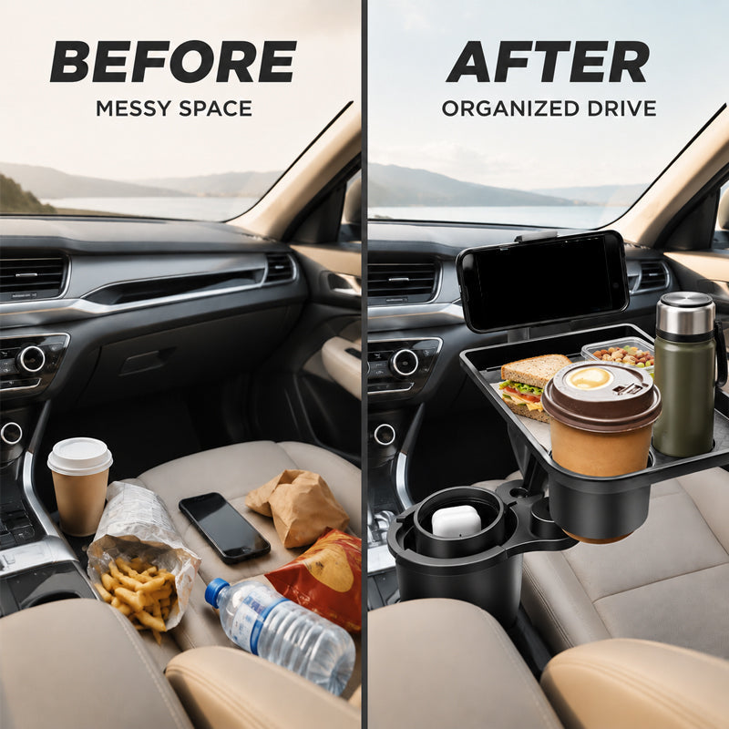 🚗Car Cup Holder Tray with Phone Stand and Extra Cup Holde Adjustable Car Cup Holder Tray with Expander Base