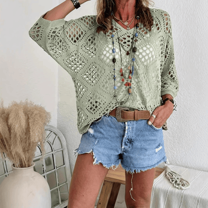 💥2026 HOT SALE💥Women's Bohemian-Inspired Beige Crochet Top with V-Neck