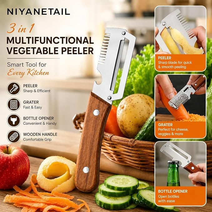 3-in-1 Multifunctional Peeler Knife with Bottle Opener & Wooden Handle