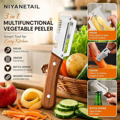 3-in-1 Multifunctional Peeler Knife with Bottle Opener & Wooden Handle