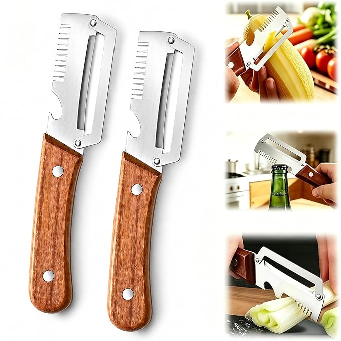 3-in-1 Multifunctional Peeler Knife with Bottle Opener & Wooden Handle