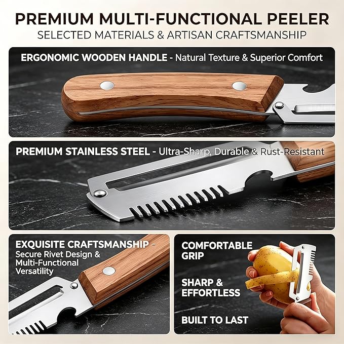 3-in-1 Multifunctional Peeler Knife with Bottle Opener & Wooden Handle