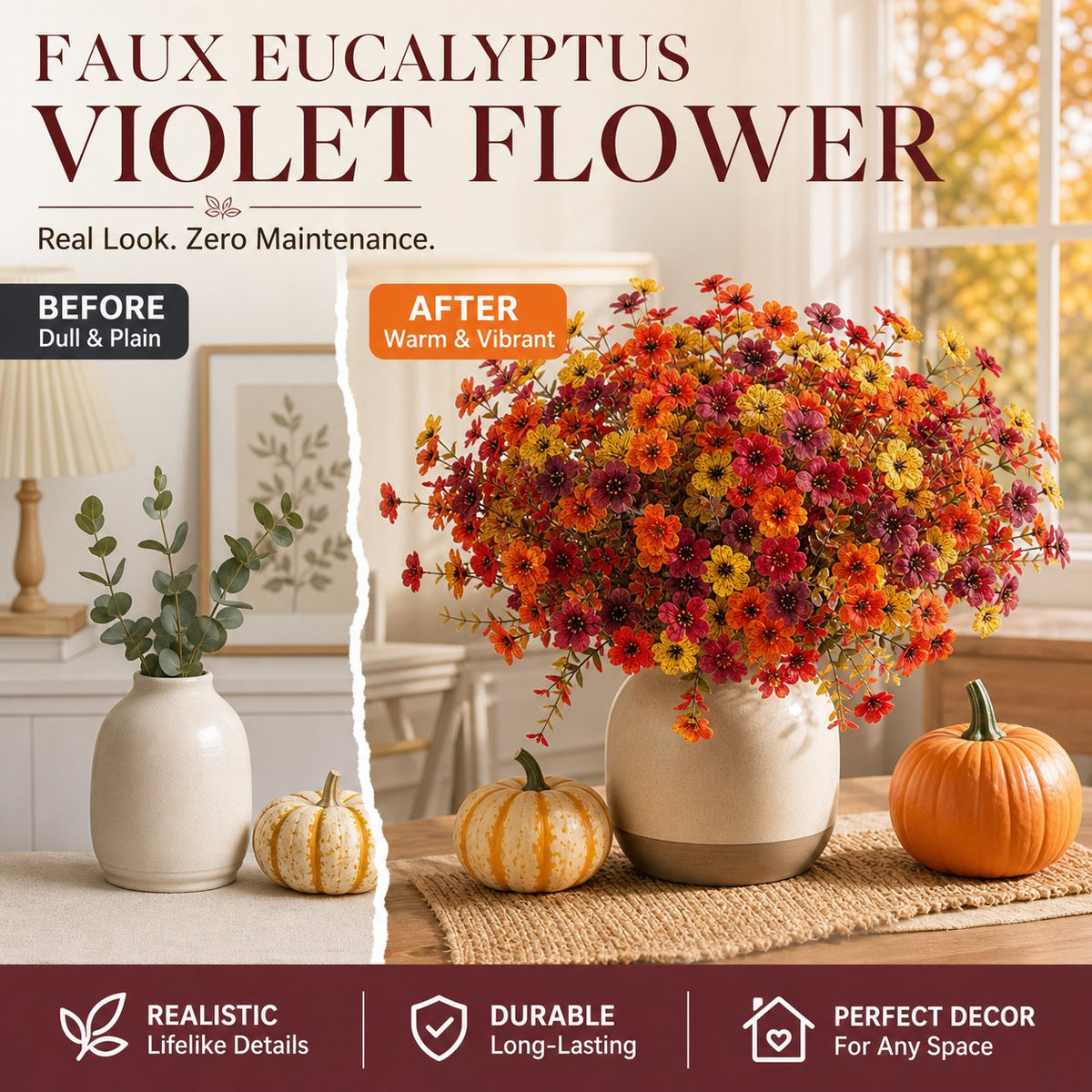 🍂🧡Artificial Autumn Violet Silk Flower Bouquet
