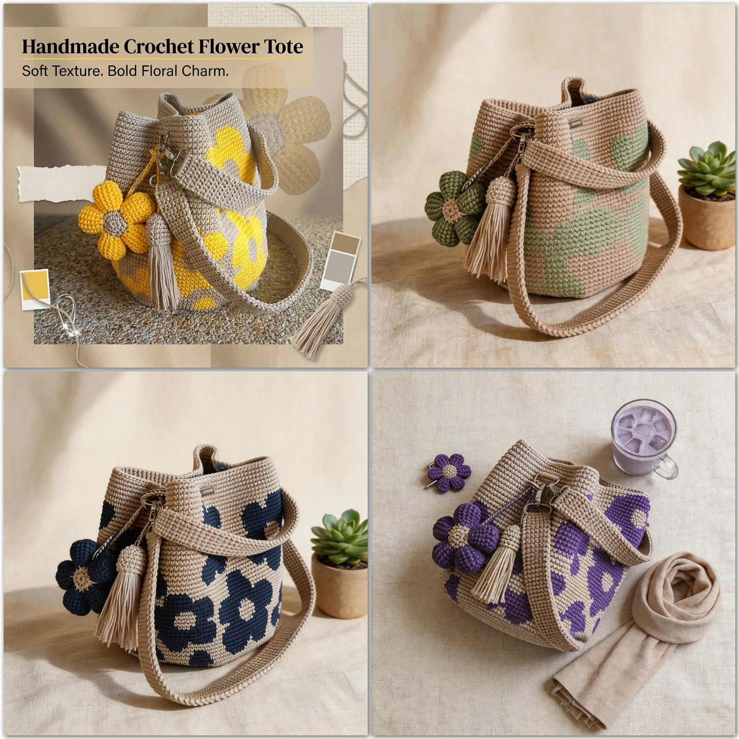 ✨50%off 🎁✨Spacious Knit Flower Bucket Bag - Handmade Crochet Tote with Reinforced Hardware, Comfort Wide Strap Purse for Coffee Runs & City Days