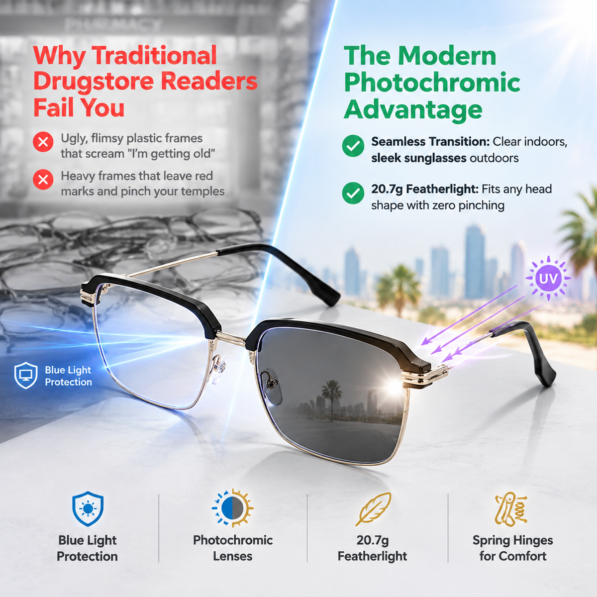 ⏳Buy one get one free for a limited time⏰Anti-blue light photochromic stylish half-rimmed reading glasse