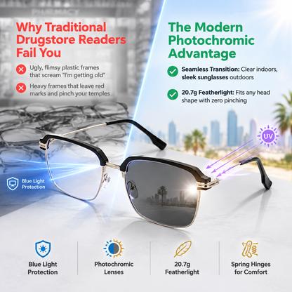 ⏳Buy one get one free for a limited time⏰Anti-blue light photochromic stylish half-rimmed reading glasse