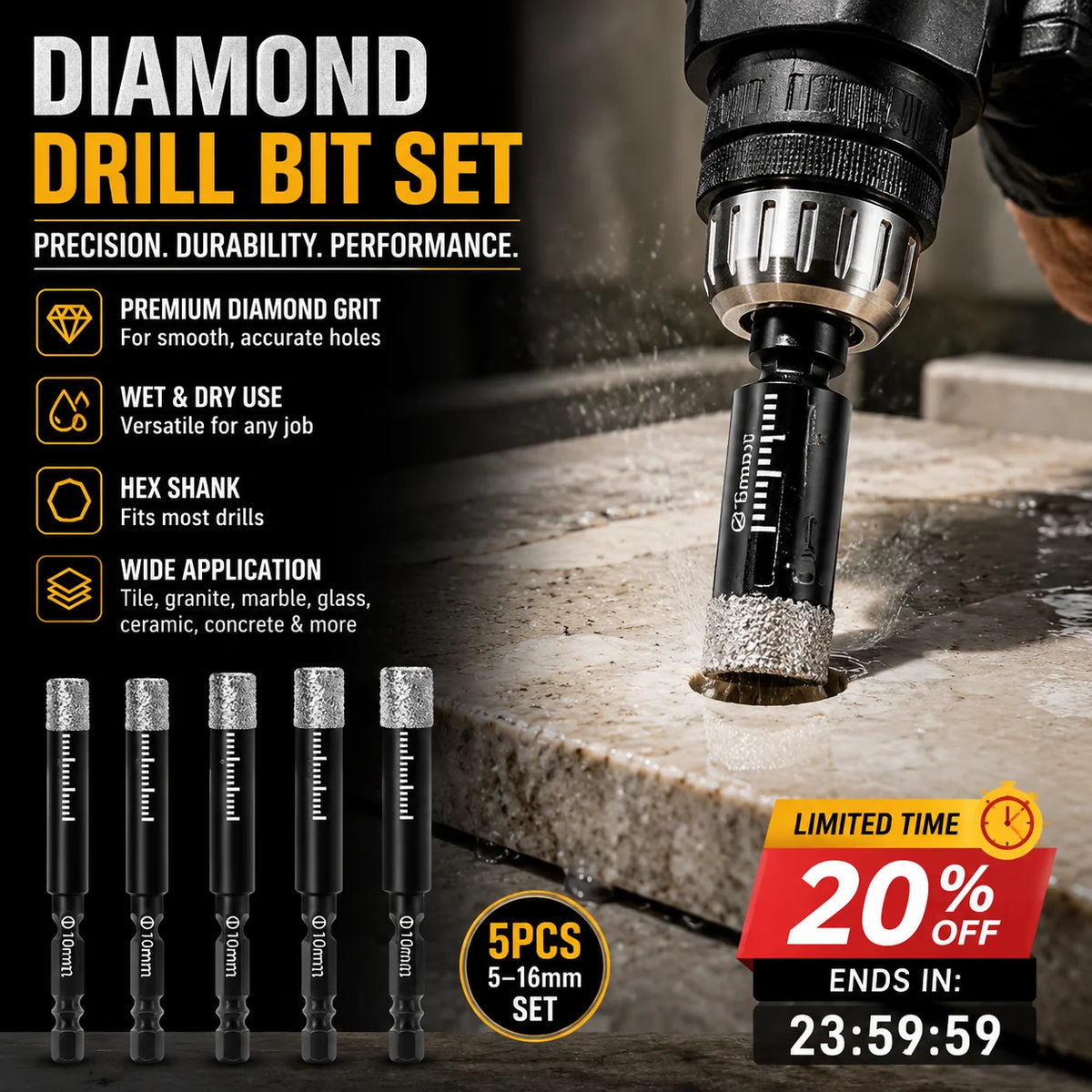 🥳2026 HOT SALE🥳💞50K+ SOLD!🪚🛡️ 50% OFF! Diamond Drill Bits Set – 5‑16mm sizes, hex shank fits most drills. Dry or wet use – smooth, precise holes every time! 💎💪