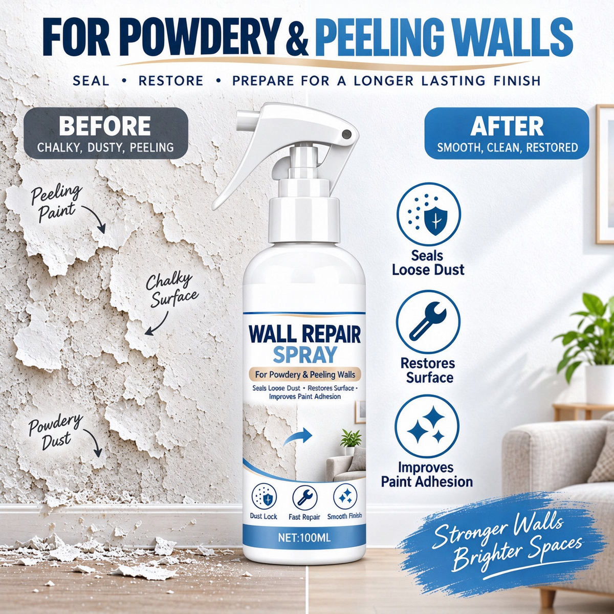 ⏳ Buy 1 Get 1 Free! ⏰Wall Putty Repair Spray 丨For wall dusting, peeling, dust sealing, and reinforcement of old walls for renovation