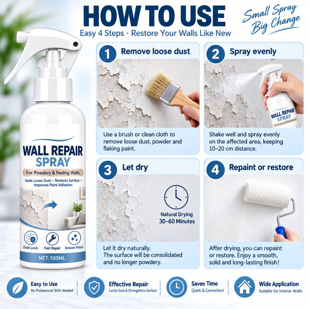 ⏳ Buy 1 Get 1 Free! ⏰Wall Putty Repair Spray 丨For wall dusting, peeling, dust sealing, and reinforcement of old walls for renovation
