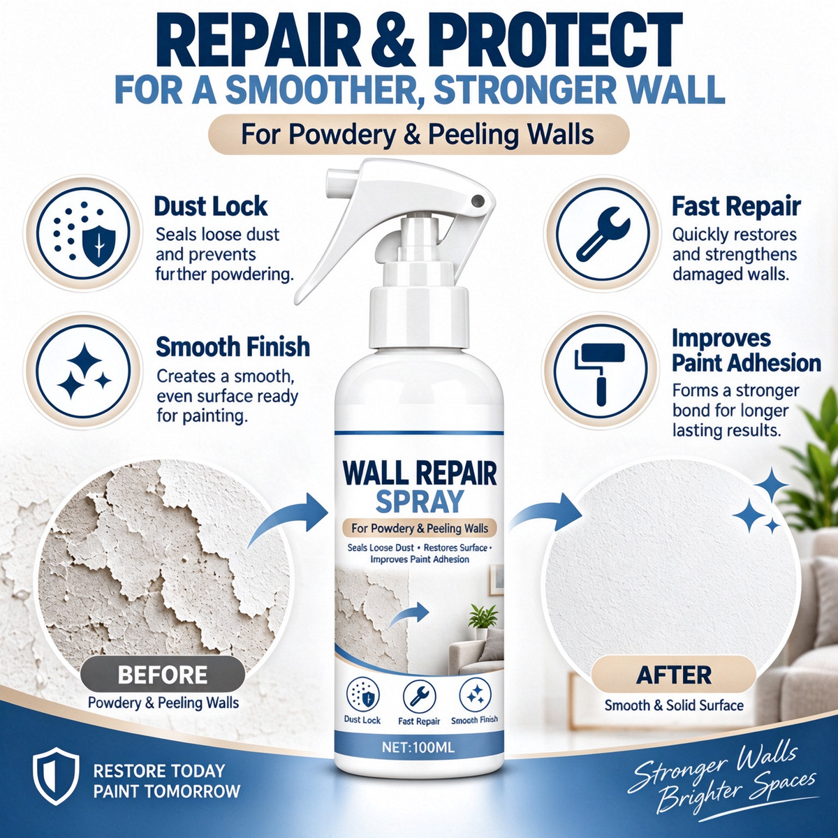 ⏳ Buy 1 Get 1 Free! ⏰Wall Putty Repair Spray 丨For wall dusting, peeling, dust sealing, and reinforcement of old walls for renovation