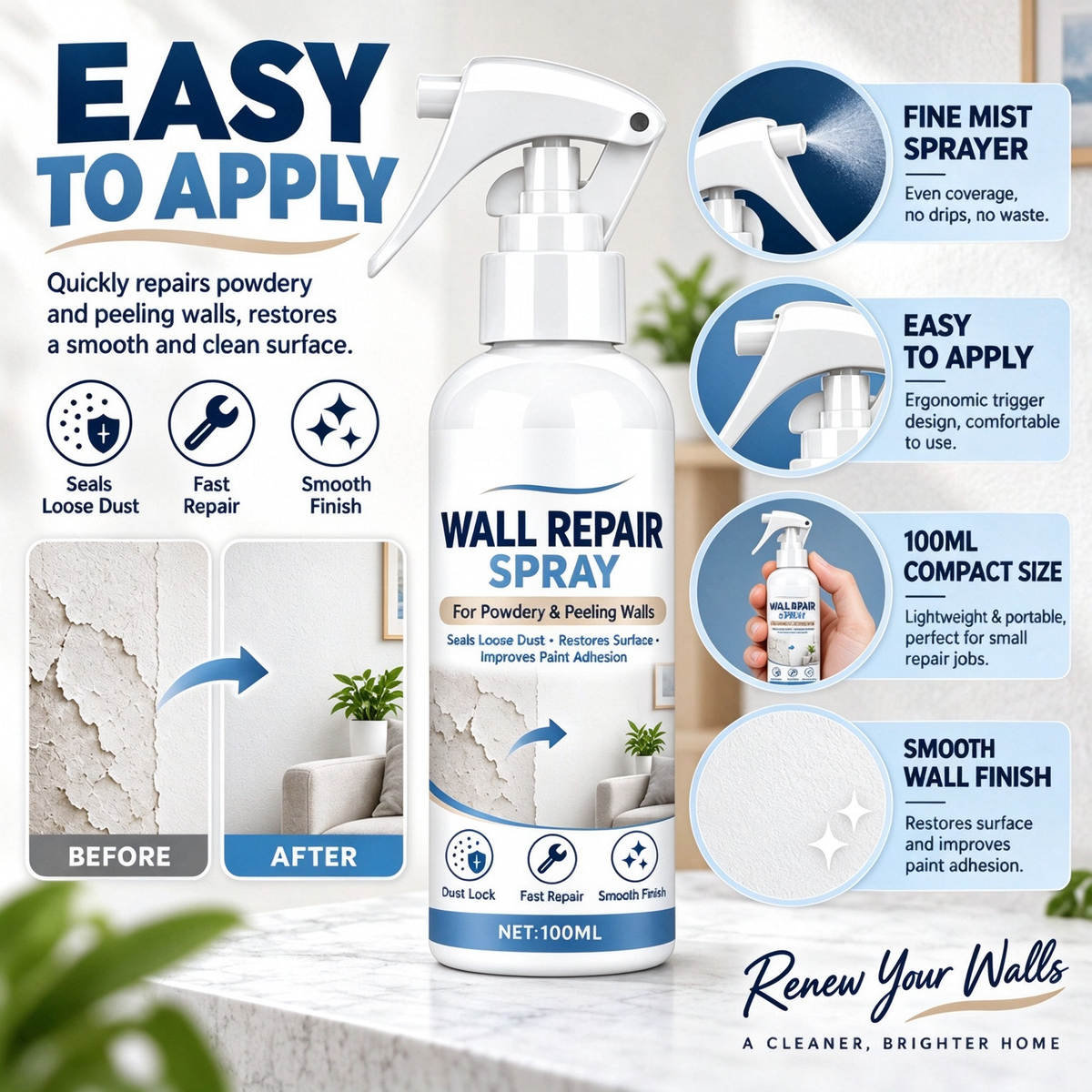 ⏳ Buy 1 Get 1 Free! ⏰Wall Putty Repair Spray 丨For wall dusting, peeling, dust sealing, and reinforcement of old walls for renovation