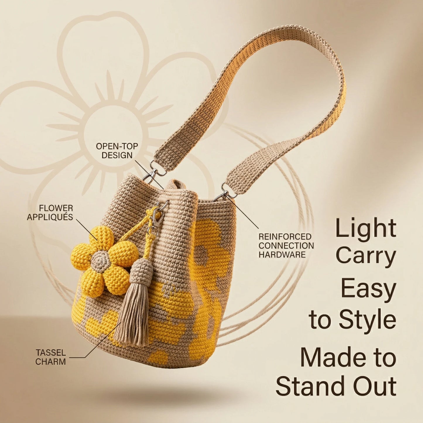✨50%off 🎁✨Spacious Knit Flower Bucket Bag - Handmade Crochet Tote with Reinforced Hardware, Comfort Wide Strap Purse for Coffee Runs & City Days