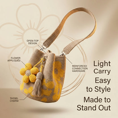 ✨50%off 🎁✨Spacious Knit Flower Bucket Bag - Handmade Crochet Tote with Reinforced Hardware, Comfort Wide Strap Purse for Coffee Runs & City Days
