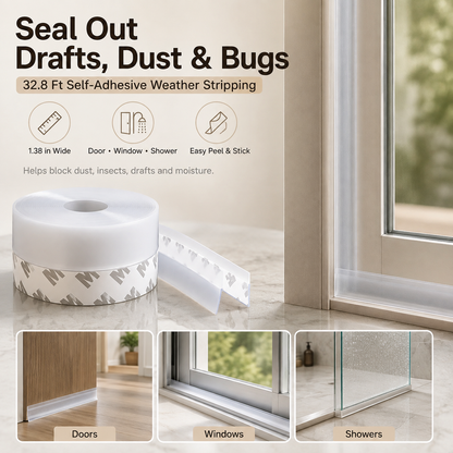 🚪32.81 Ft Adhesive Weather Stripping Tape , Draft Stopper for Doors & Windows, Shower Sealing