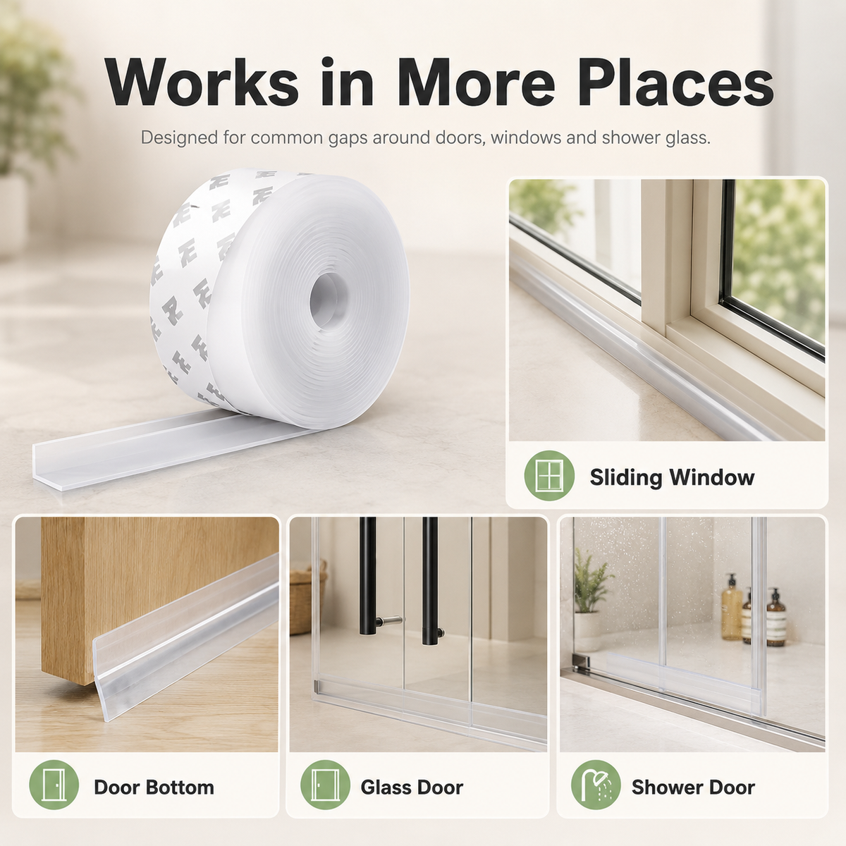 🚪32.81 Ft Adhesive Weather Stripping Tape , Draft Stopper for Doors & Windows, Shower Sealing