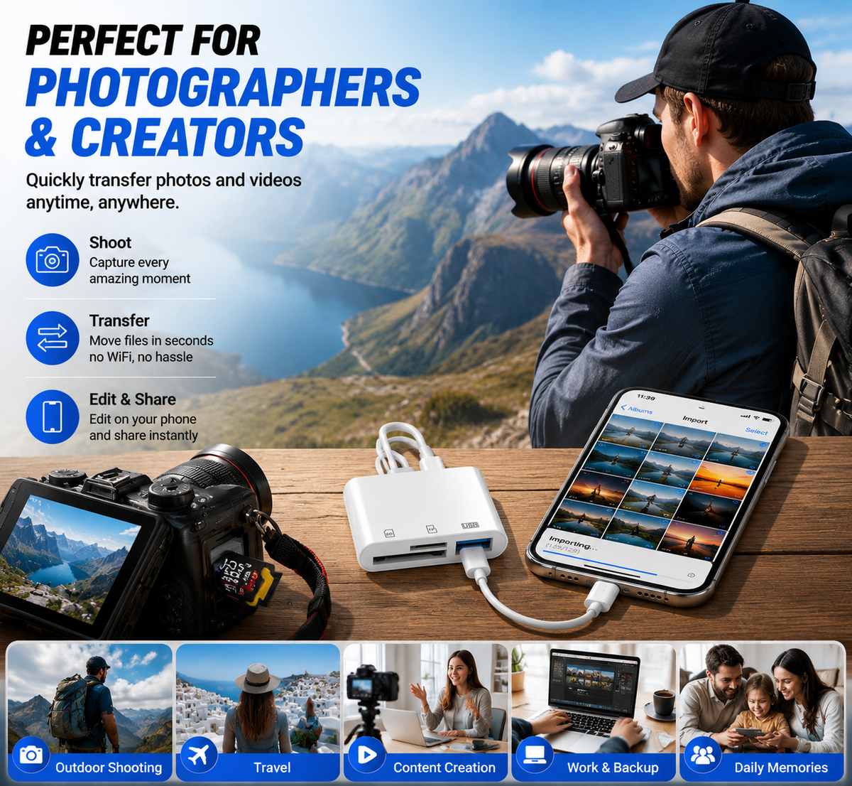 💥50% discount🔌 5-in-1 SD Card Reader for iPhone & USB-C – Fast Photo & Video Transfer Adapter