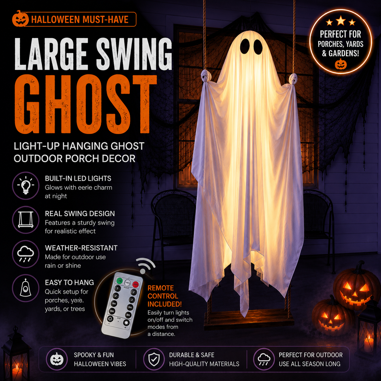 🎁HOT DEAL – Up to 50% OFF🔥Halloween Decorations OutdoorHanging Swing Ghost Halloween Decor with String Lights, Spooky Cute Ghosts Decorations for Front Porch Yard Tree