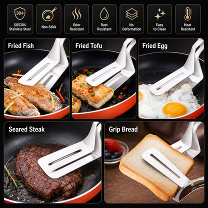 🍳 2-in-1 Spatula Tongs for Cooking and BBQ –304 Stainless Steel Food Flipper