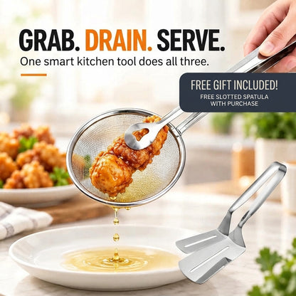 🔥Free Fish Frying Clip🔥2-in-1 Stainless Steel Strainer Tongs