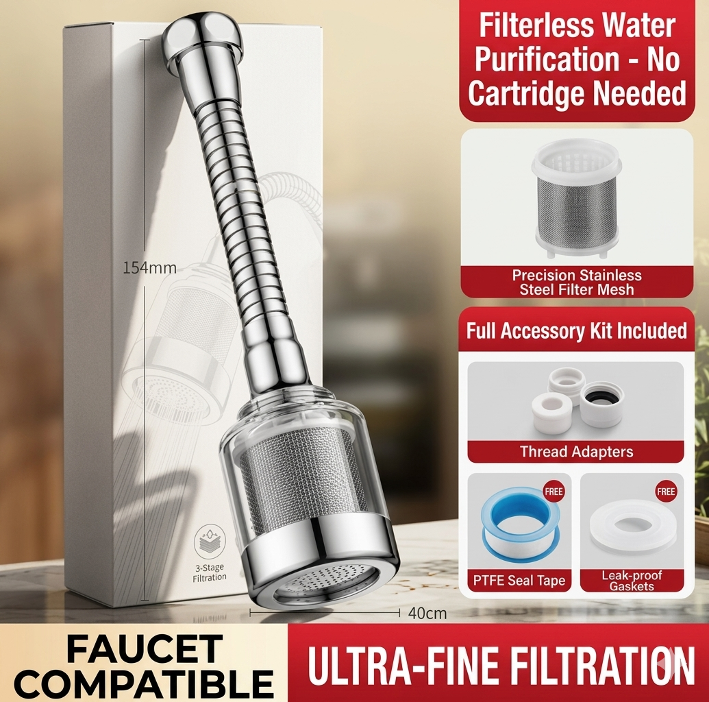🚰 Stainless Steel Faucet Filter | No Replacement Cartridge & Anti-Splash Design