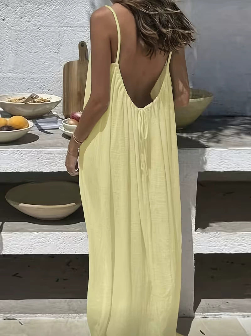 👗50%off👗Women Solid Ice Silk Ruched Backless Slip Dress, Pleated Sleeveless Nightgown Mini & Long Sleep Dress